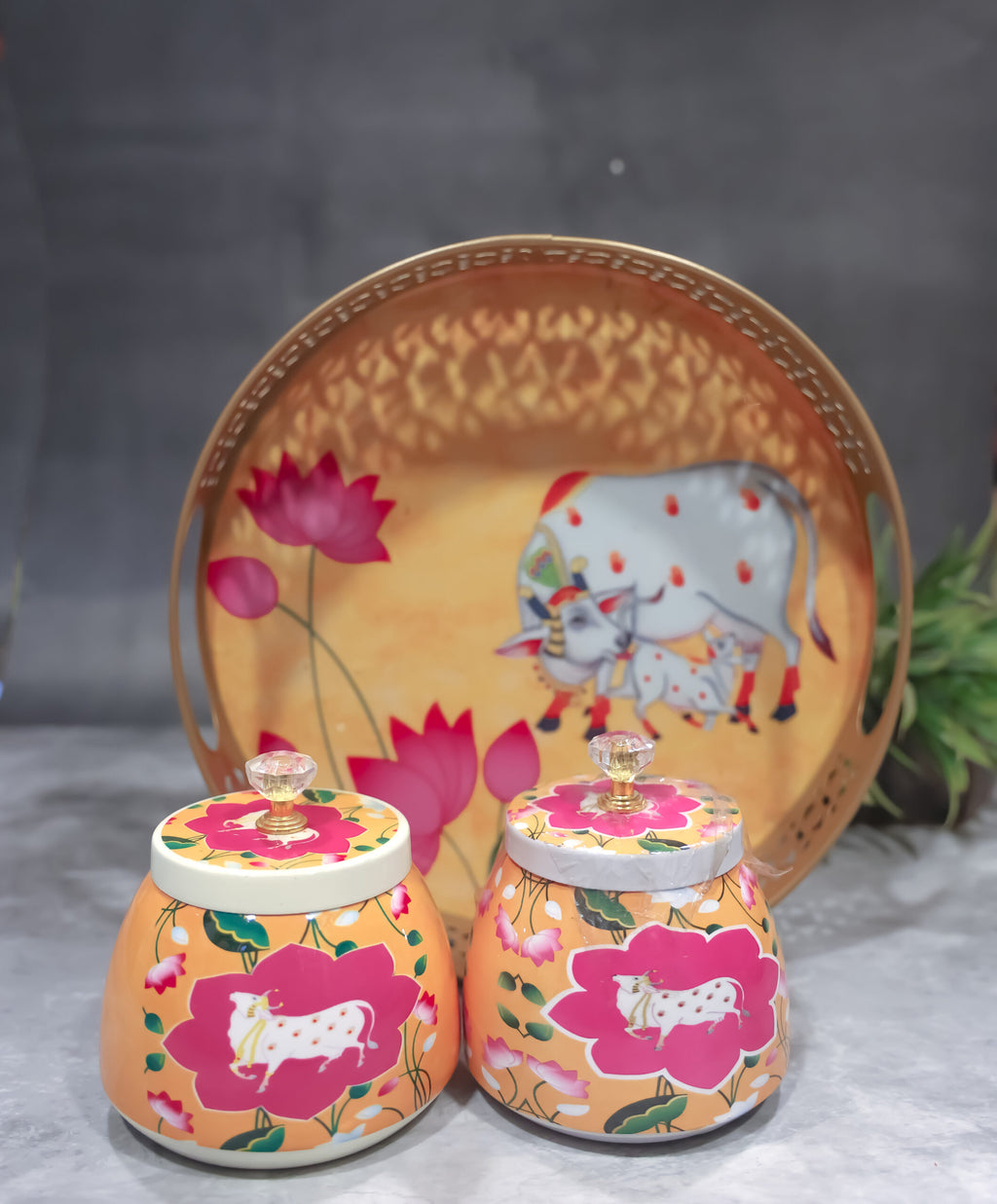 Pichwai metal tray with 2 Jars