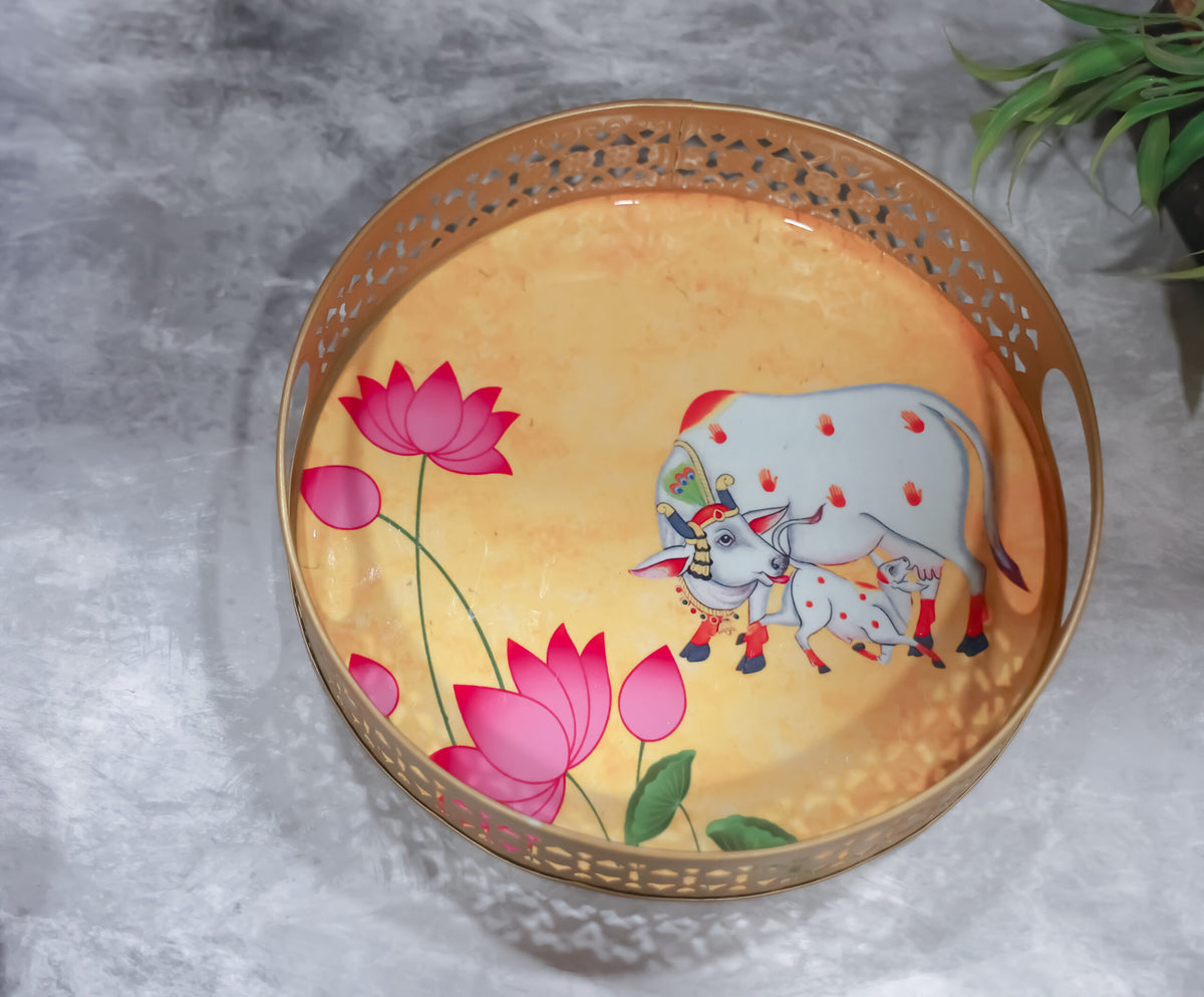 Pichwai Round Metal Tray - 8 inches