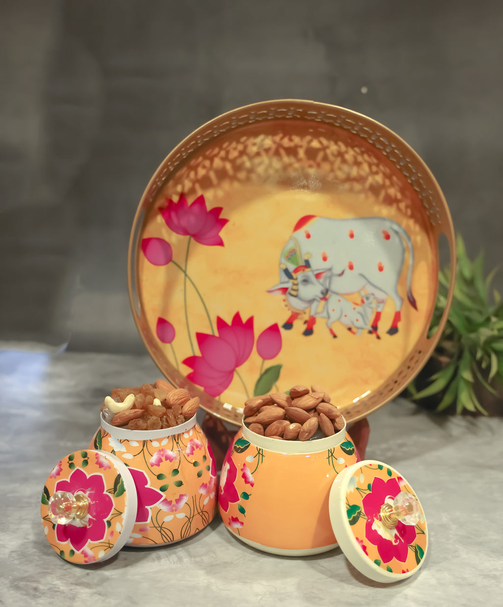 Pichwai metal tray with 2 Jars