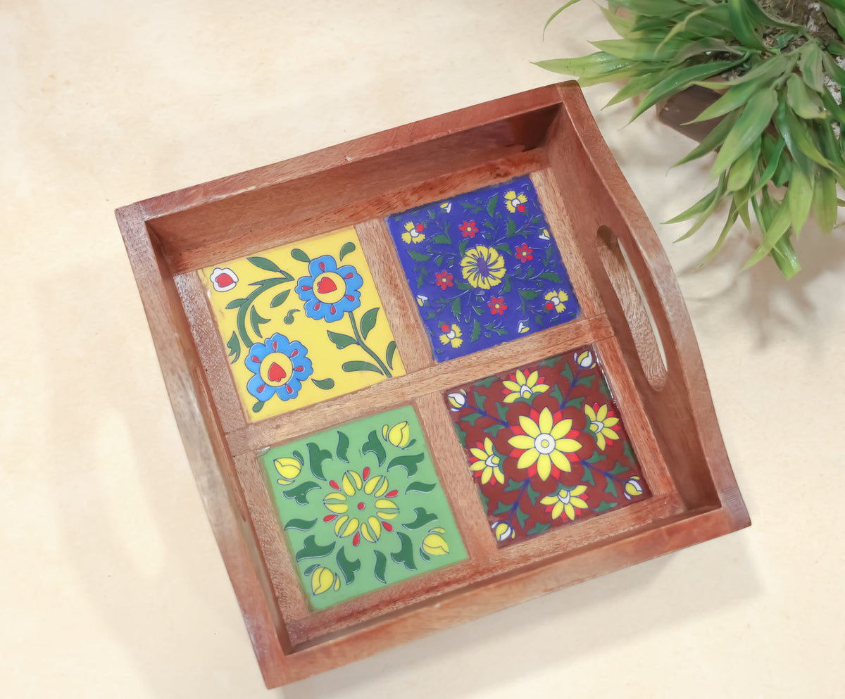 Handcrafted Wooden Four ceramic Tiles Tray