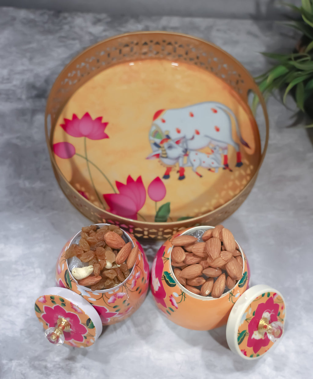 Pichwai metal tray with 2 Jars