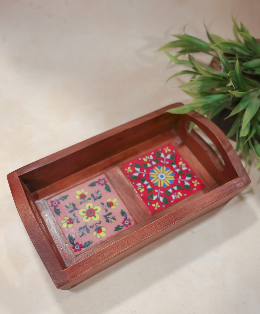 Handcrafted Wooden Two ceramic Tiles Tray