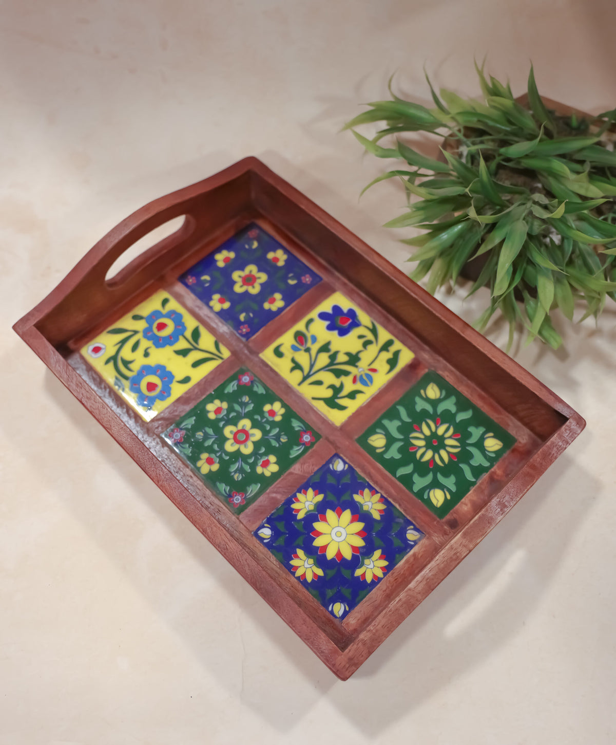 Handcrafted Wooden Six ceramic Tiles Tray