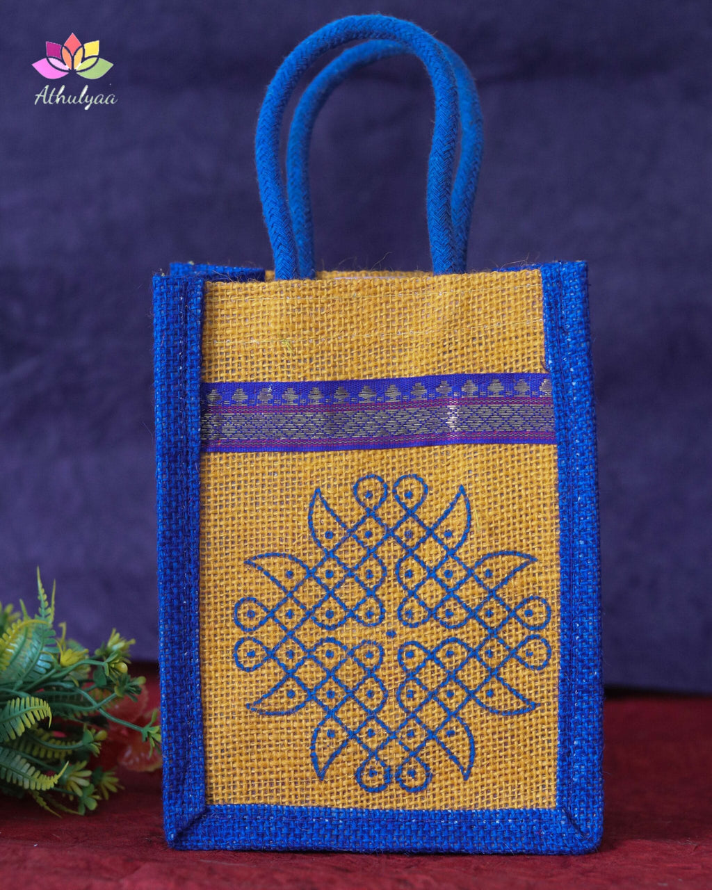 Mini Jute Bag With Zari Kolam Print