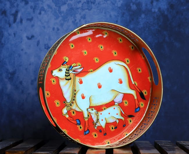 Pichwai Round Metal Tray - 8 inches
