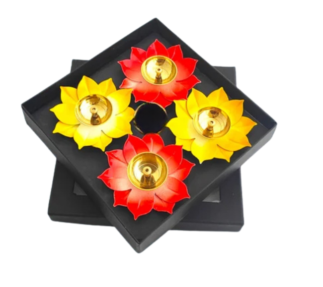 Colourful Brass Lotus Diya set of 4