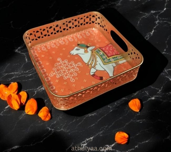 Pichwai cow Metal Tray with kolam print