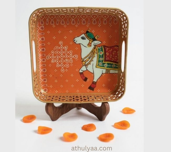 Pichwai cow Metal Tray with kolam print