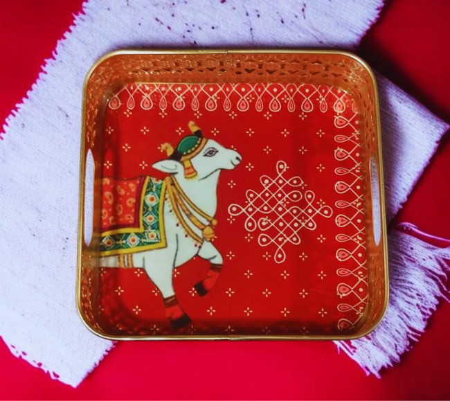 Pichwai cow Metal Tray with kolam print