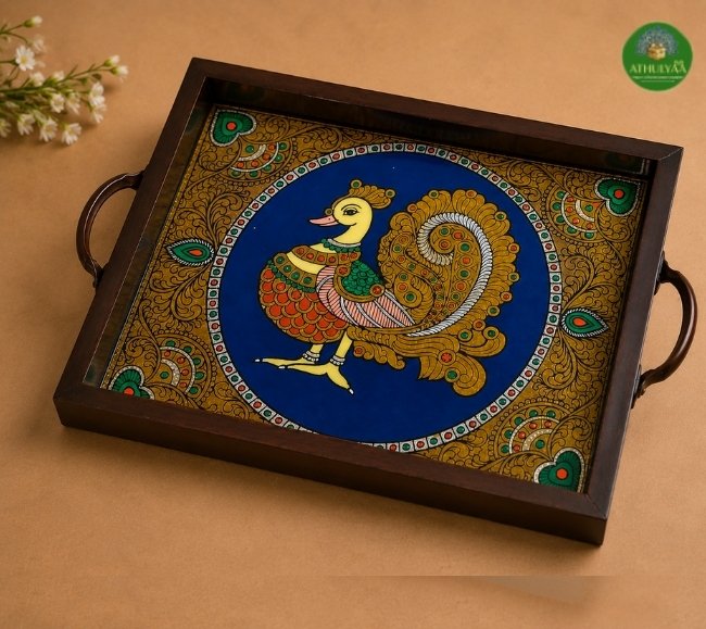 Tanjore Reverse glass painted tray - Peacock