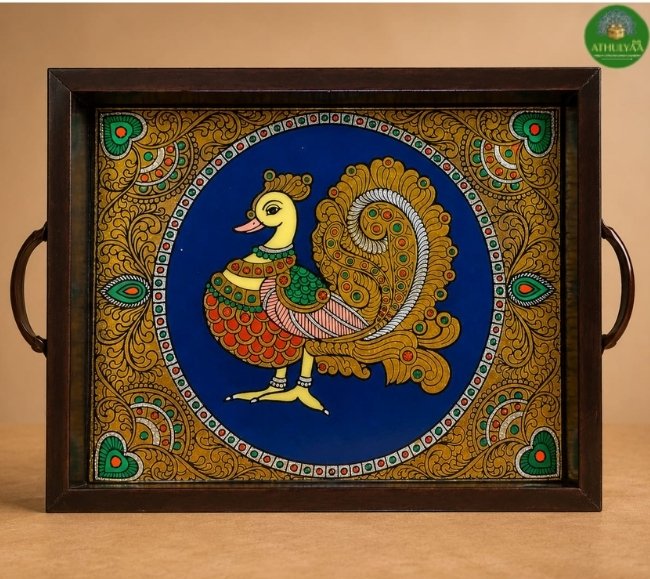 Tanjore Reverse glass painted tray - Peacock
