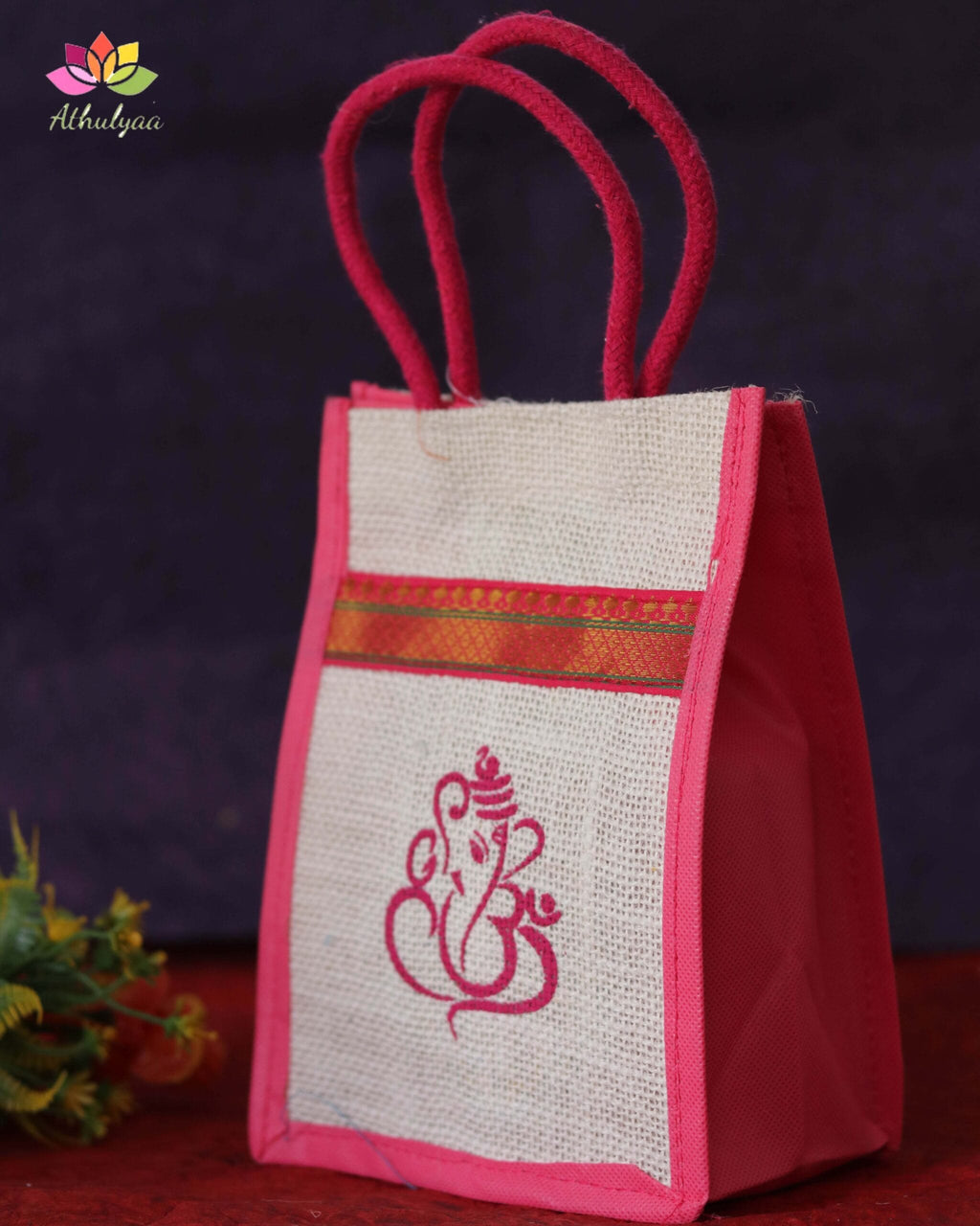 Mini Jute Bag With Zari Ganesha Print