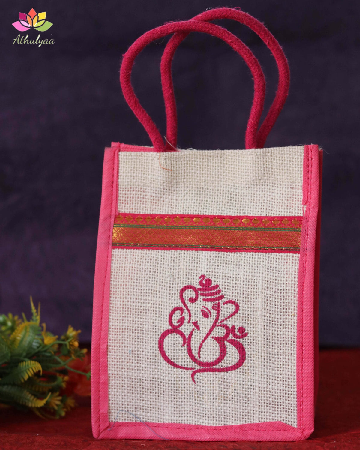 Mini Jute Bag With Zari Ganesha Print