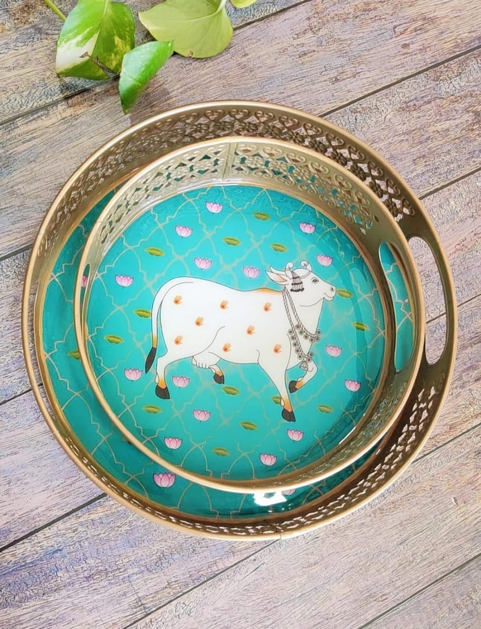 Pichwai Round Metal Tray - 8 inches