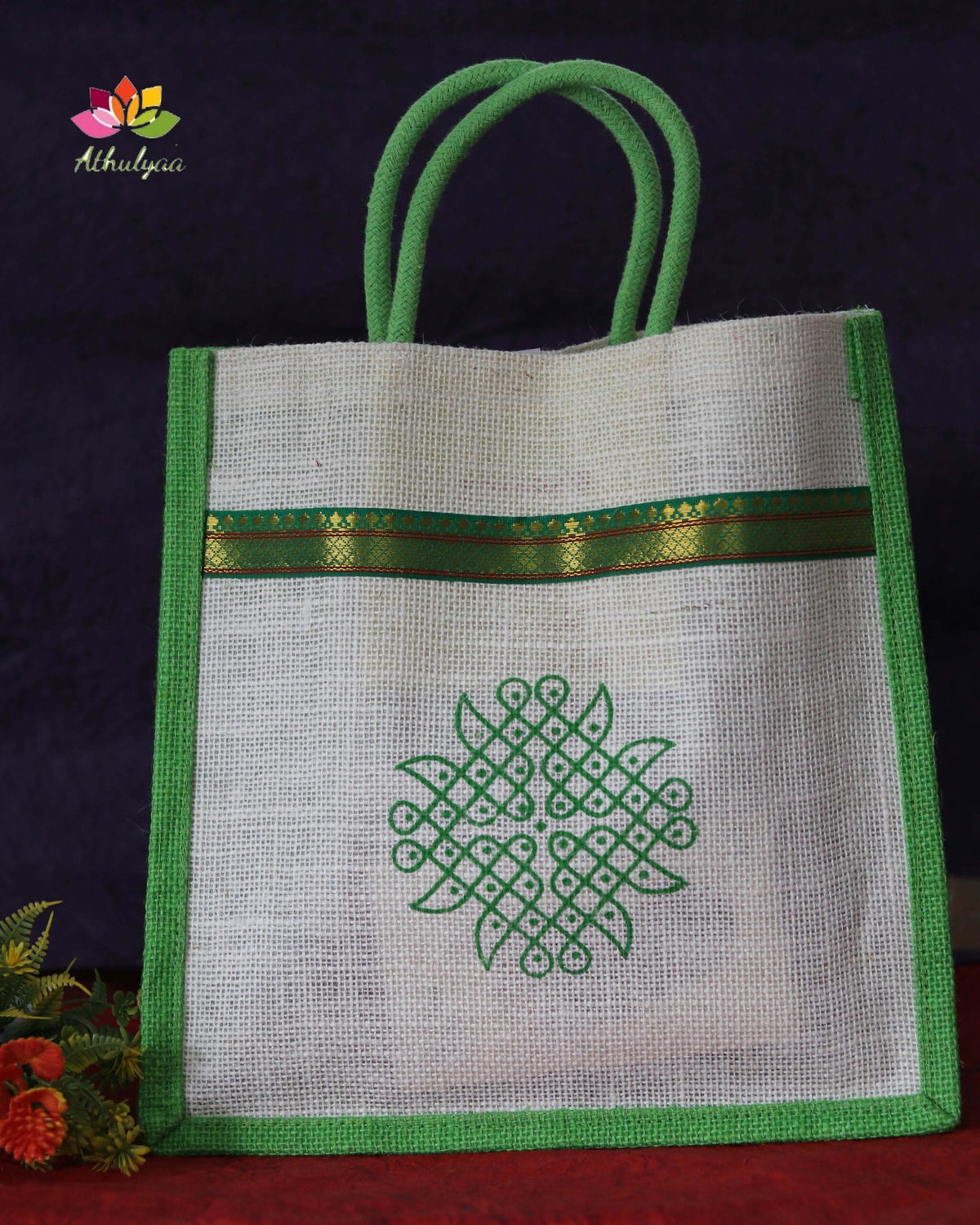 Jute bags with Kolam print and Zari
