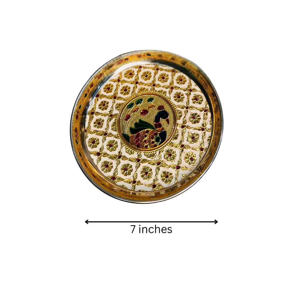 Stainless Steel Peacock Meenakari Pooja Plate-7 inches