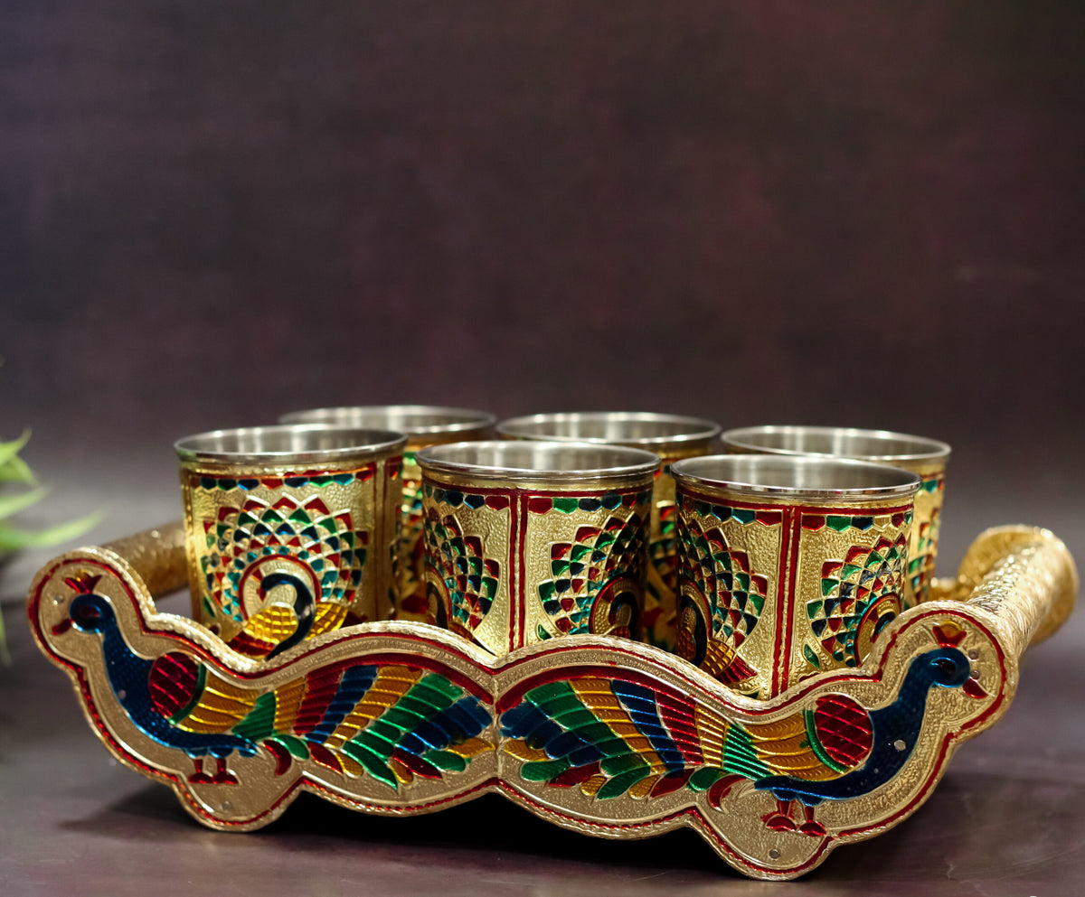 Meenakari 6 Glass Tray Set