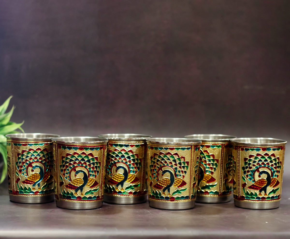 Meenakari 6 Glass Tray Set