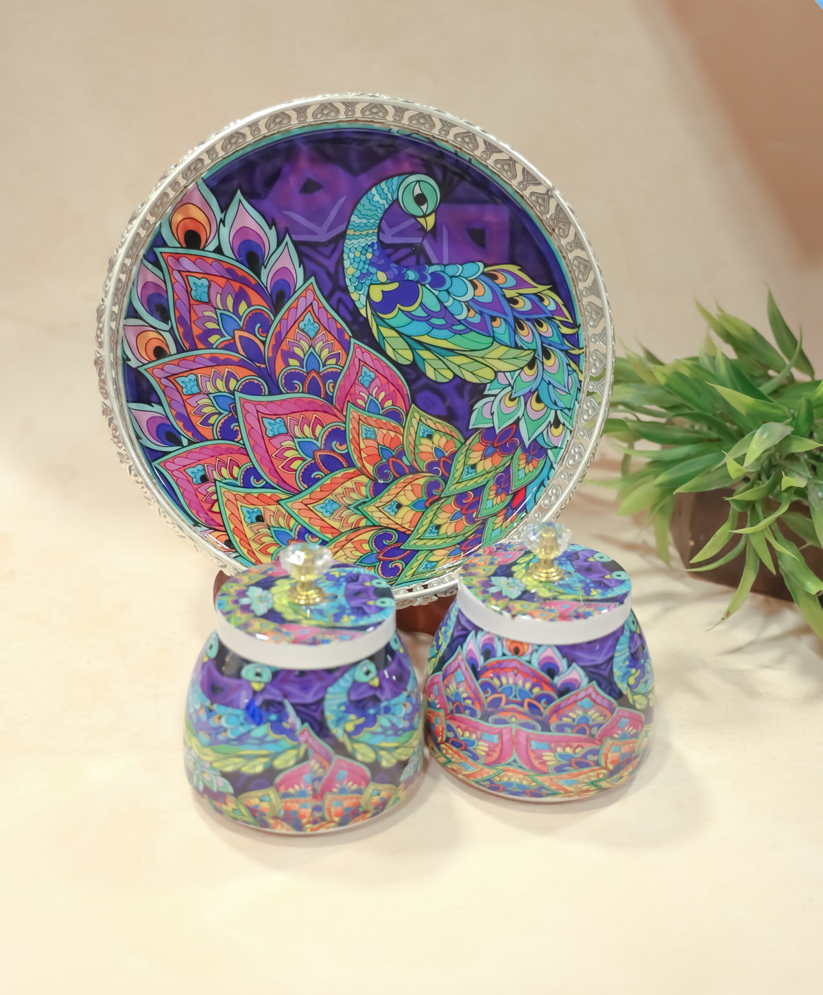 German silver pichwai metal tray with 2 matching Jars