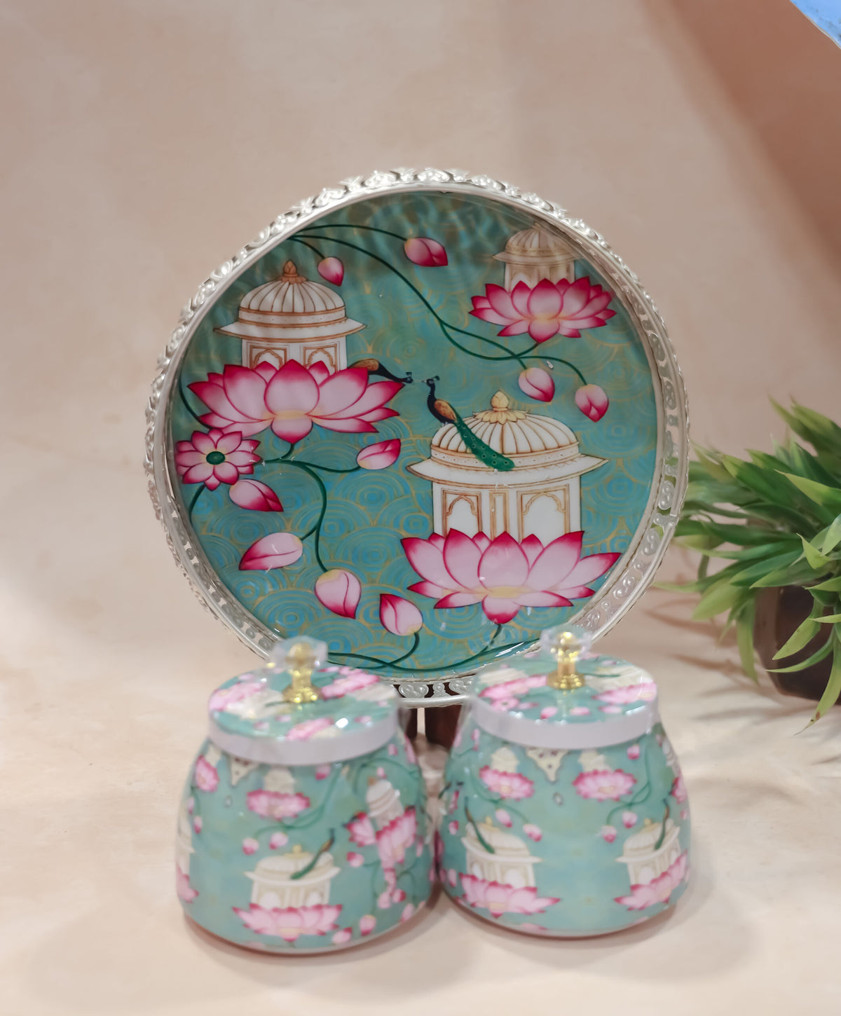 German silver pichwai metal tray with 2 matching Jars