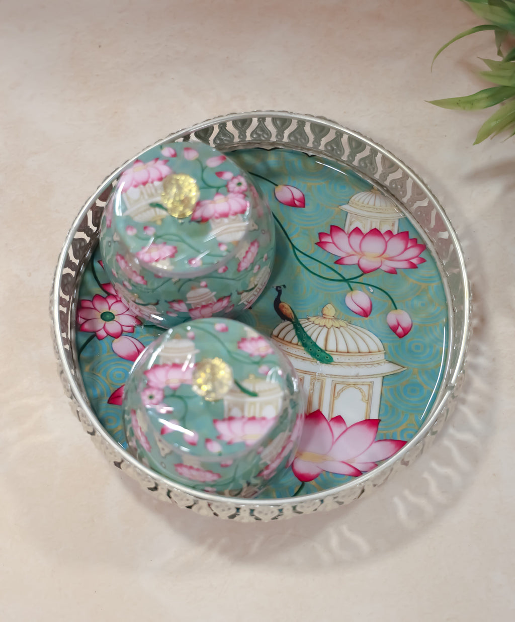 German silver pichwai metal tray with 2 matching Jars