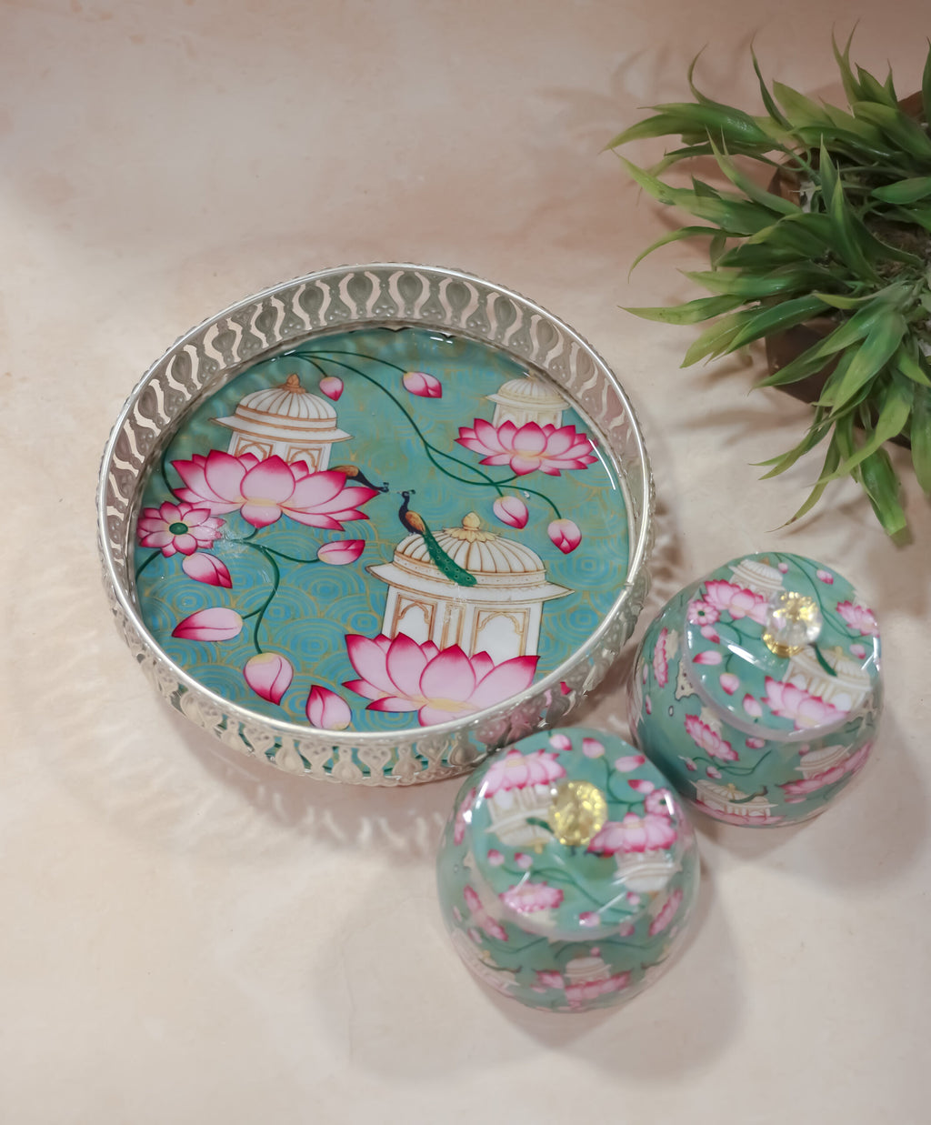 German silver pichwai metal tray with 2 matching Jars