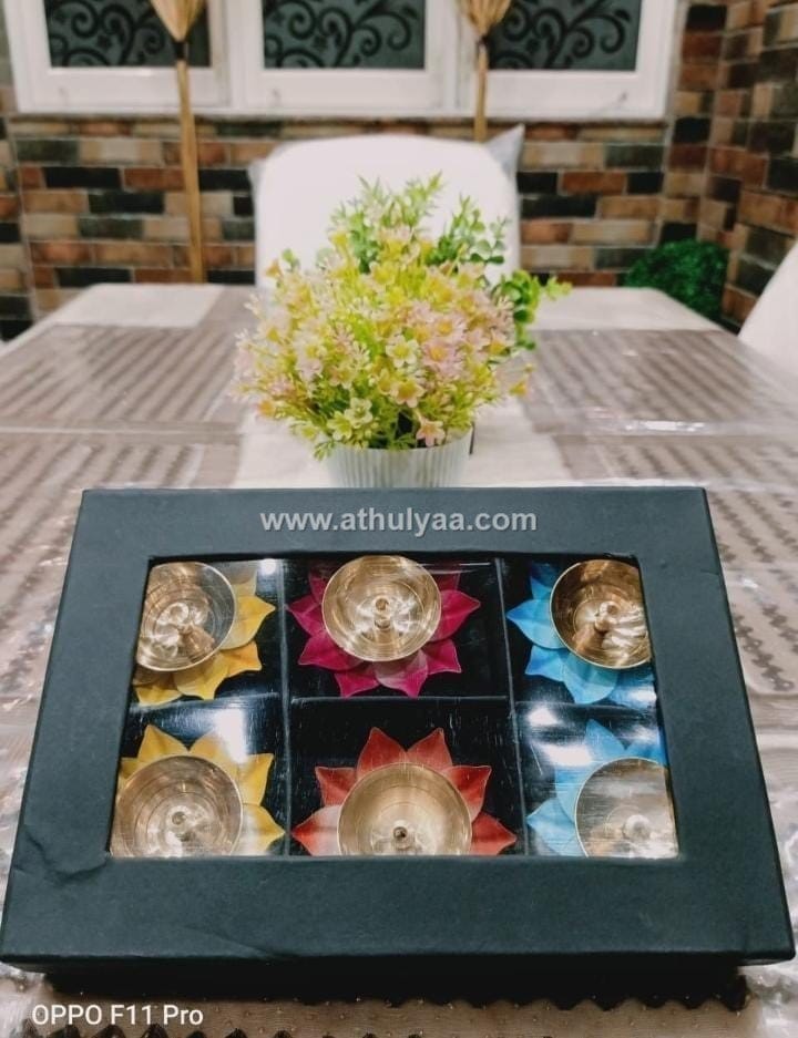 Colourful Brass Lotus Diya set of 4