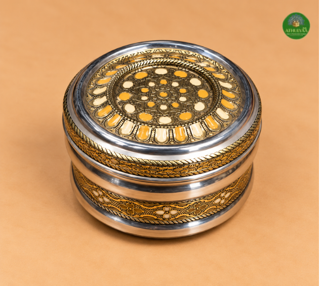 Antique Gold Meenakari Steel Box