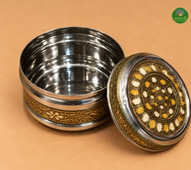 Antique Gold Meenakari Steel Box
