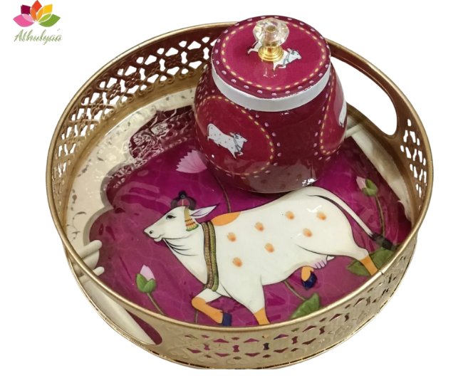 Pichwai metal tray with 1 matching Jar