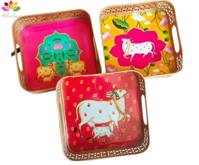 Square Pichwai metal tray with 2 Jars