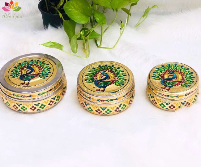 Golden peacock Minakari design Steel Box