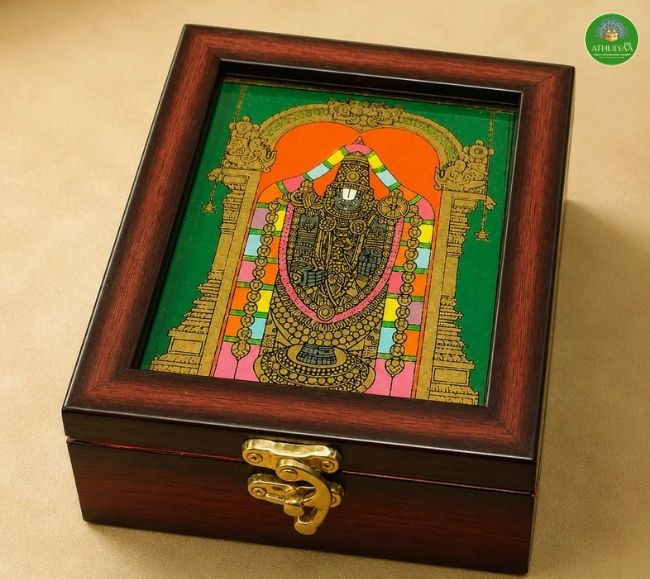 Tanjore style reverse glass paint jewel box - Balaji