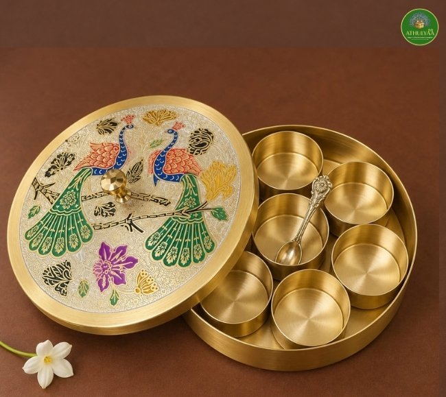 Brass Masala Box with peacock etched lid