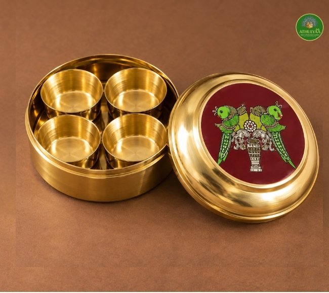 Brass Mini Pooja Box with twin parrot print