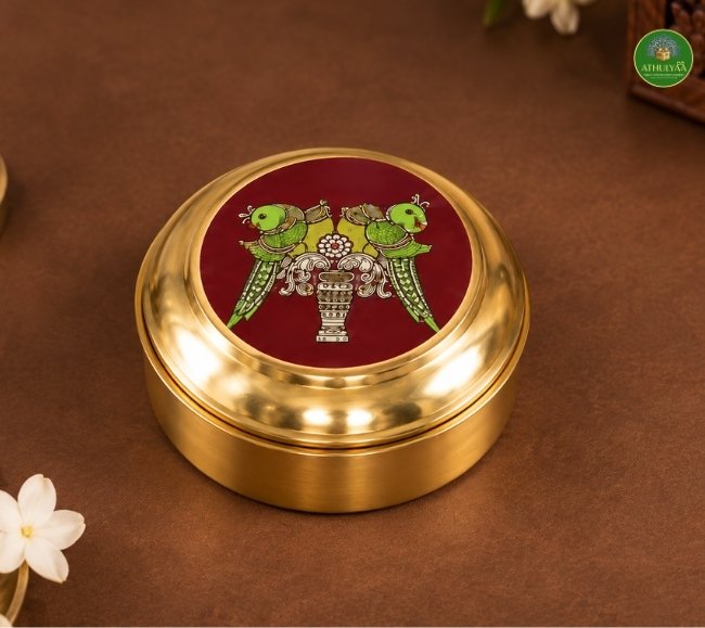 Brass Mini Pooja Box with twin parrot print