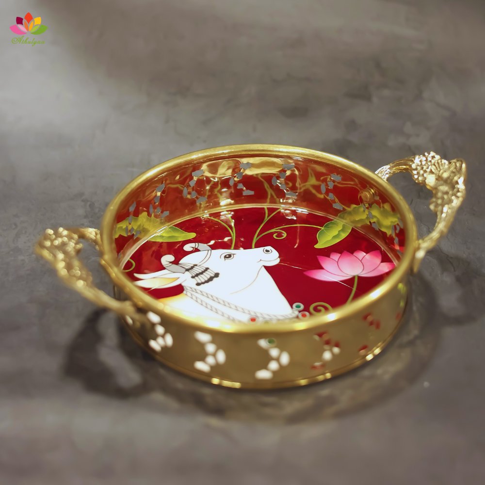 Brass Tray with Pichwai Print-6 inches