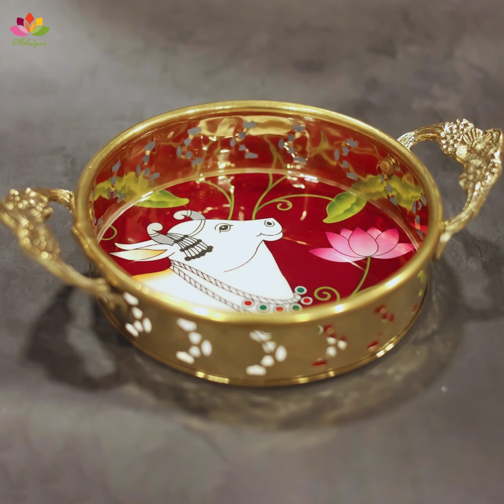 Brass Tray with Pichwai Print-6 inches