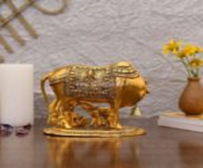 Cow and Calf with Krishna gold finish statue