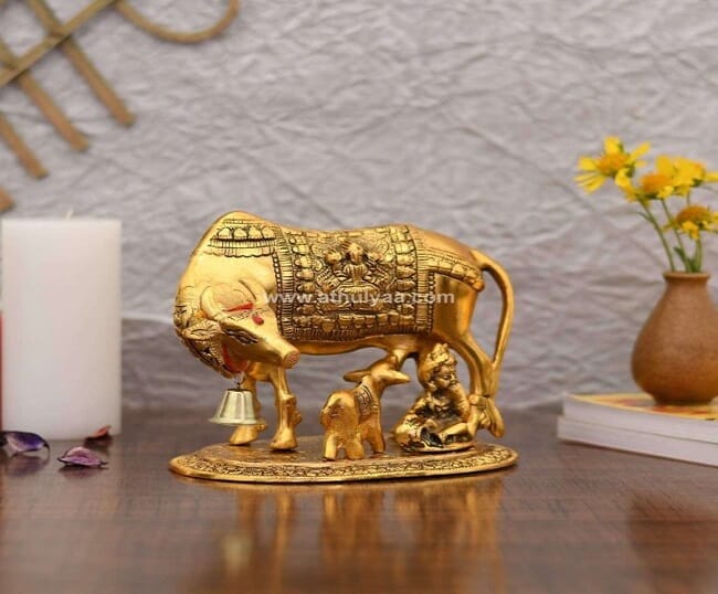 Cow and Calf with Krishna gold finish statue