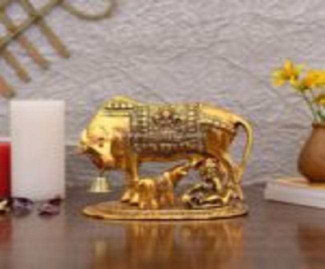 Cow and Calf with Krishna gold finish statue