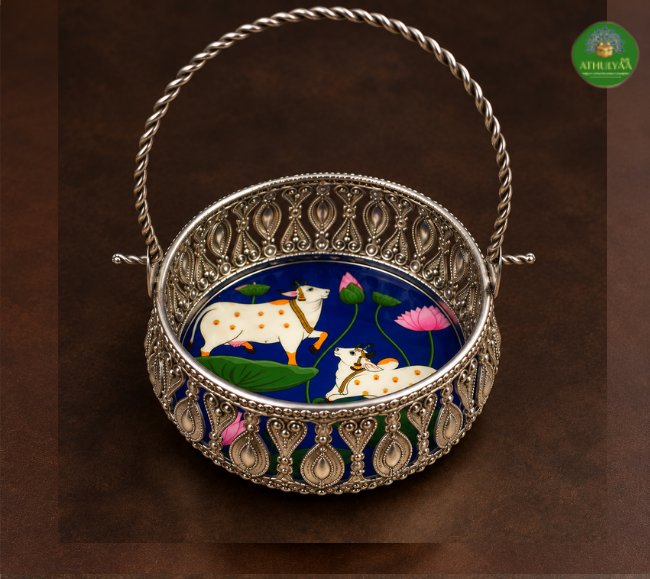 Divine Cow & Lotus silver finish Basket