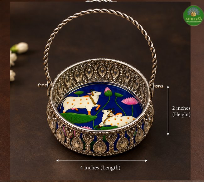 Divine Cow & Lotus silver finish Basket