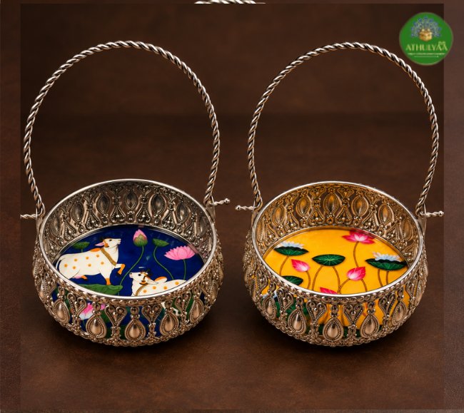 Divine Cow & Lotus silver finish Basket
