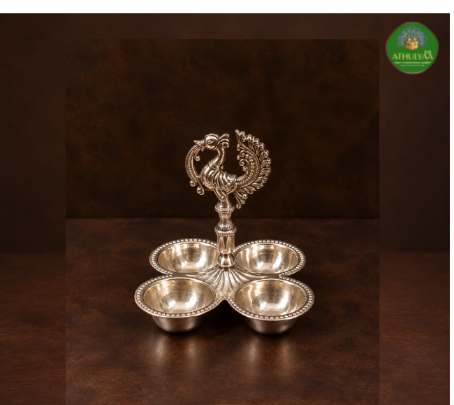 German Silver -Peacock Four-Bowl Vilakku