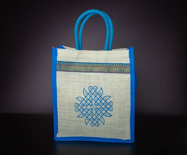 Jute bags with Kolam print and Zari