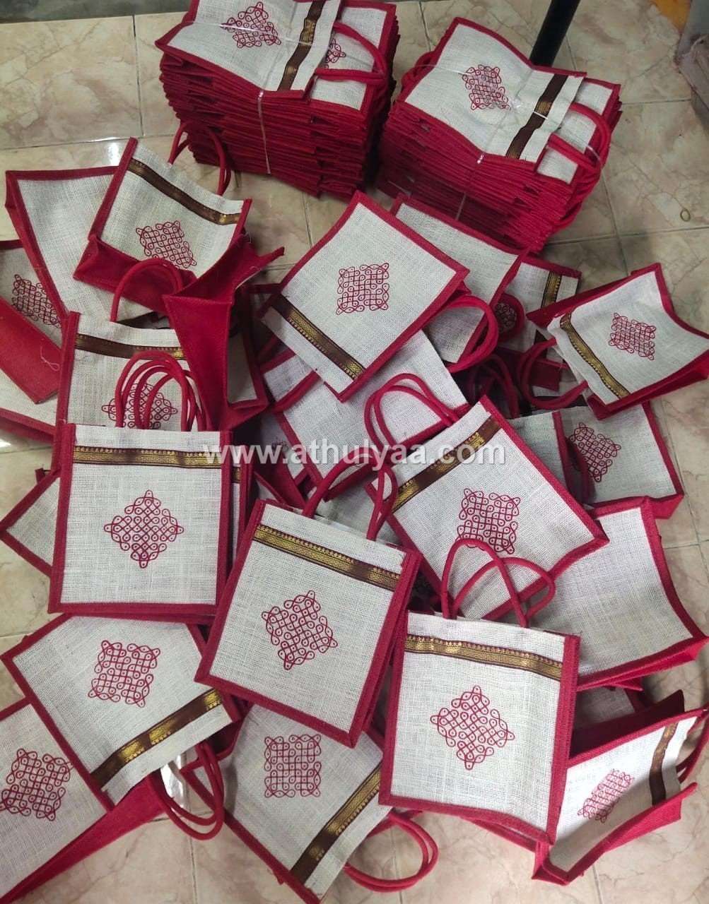 Jute bags with Kolam print and Zari