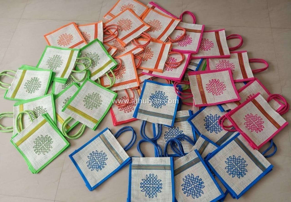 Jute bags with Kolam print and Zari