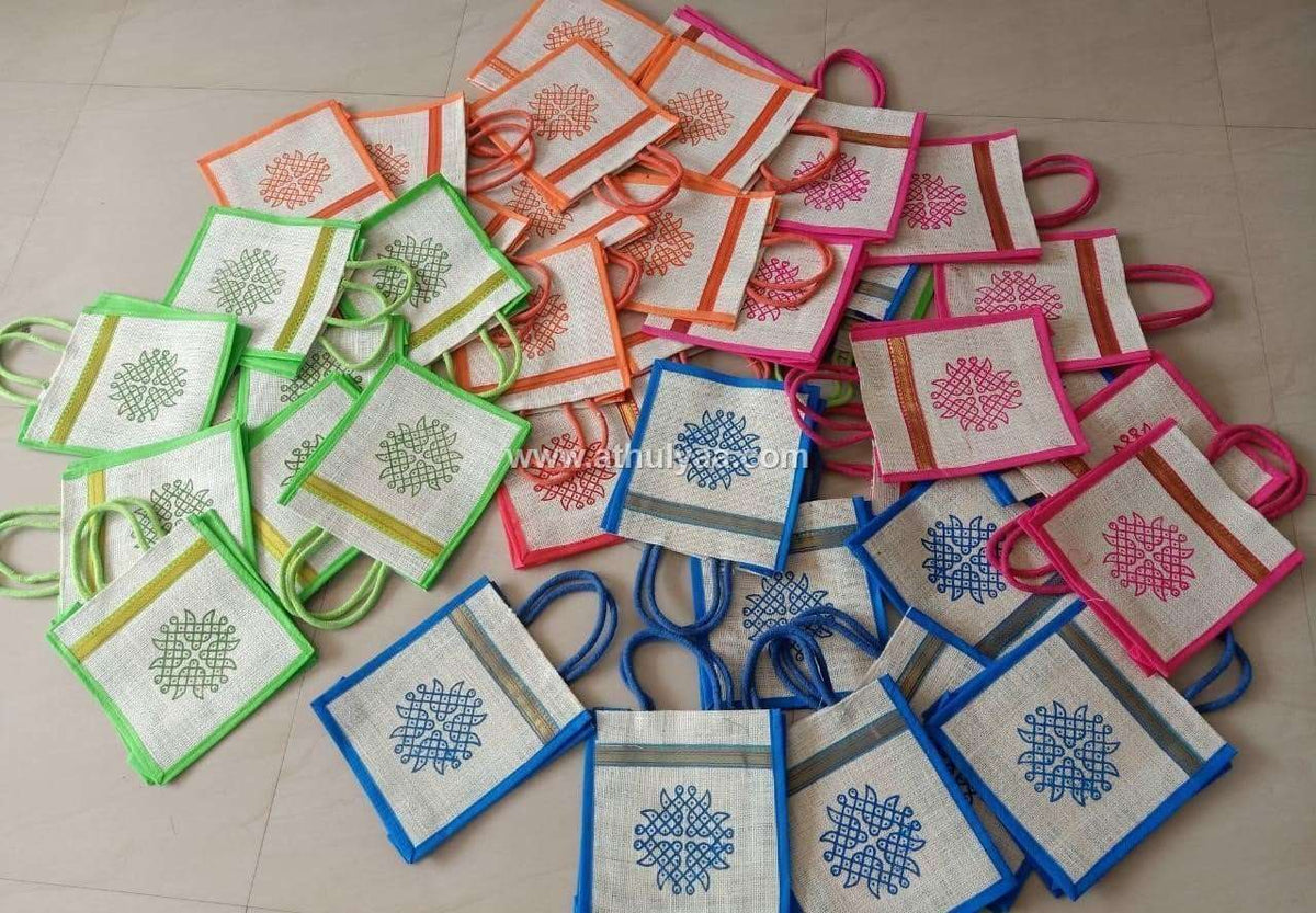 Jute bags with Kolam print and Zari