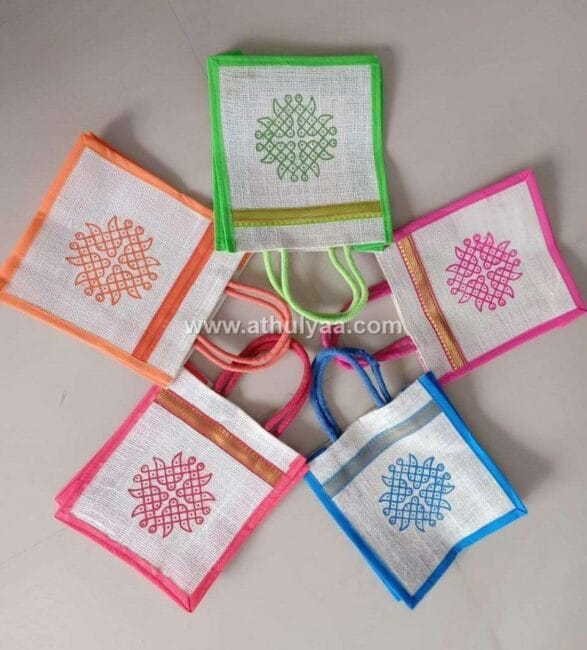 Jute bags with Kolam print and Zari